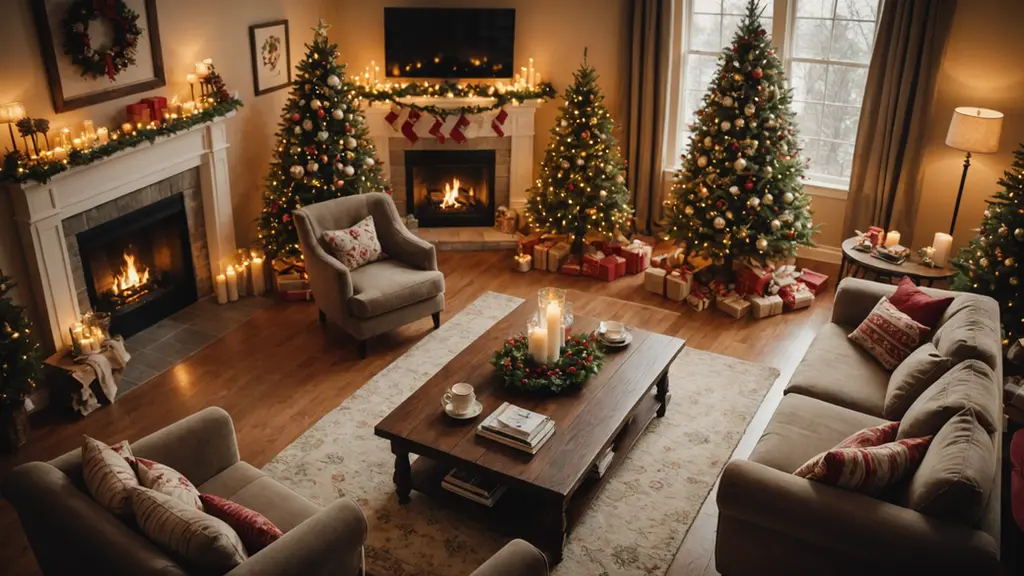 High angle view of a cozy living room decorated for the holidays